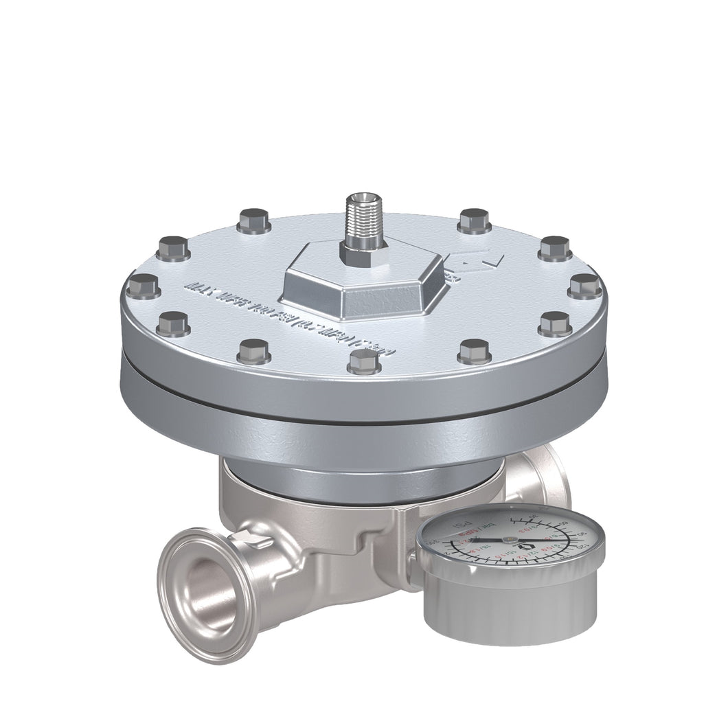 Low Shear Fluid Back Pressure Regulator, 300 Max psi, 10 gpm Max flow rate, SST, Pneumatic, high wear, sanitary inlet/outlet