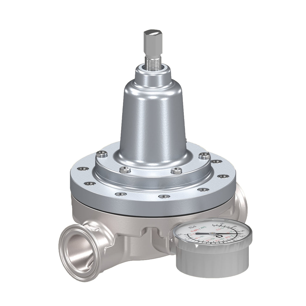 Low Shear Fluid Back Pressure Regulator, 300 Max psi, 25 gpm Max flow rate, SST, Mechanical, high wear, sanitary inlet/outlet
