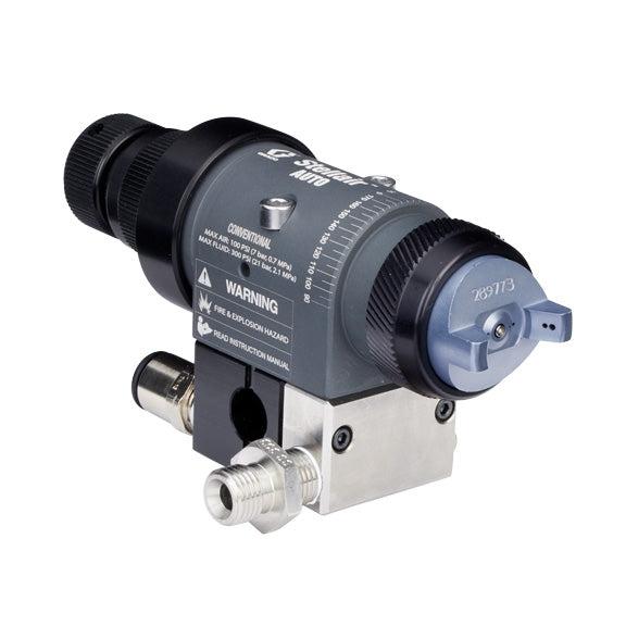 Stellair automatic air spray gun, conventional, 0.055 in (1.4 mm) nozzle for general applications with a fluid control knob, with a side inlet manifold (metric)