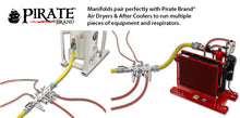 Load image into Gallery viewer, Pirate Brand 888-1124-11809PB Manifold, Stationary, Horizontal, W/ 3" Ground Joint Inlet/Outlet, (4) 1" 2 Lug Outlets, (4) 1-1/2" 4 Lug Outlets, Includes Drain &amp; Gauge, 150 PSI Max, Includes Powder Coat Tough Finish