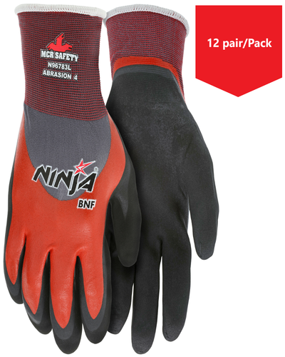 MCR- Memphis N96783 Ninja® BNF Nitrile-Dipped Gloves  with Over Knuckle Nitrile Dip - 12Pr/Pk