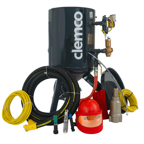 Clemco 23895 6-Cubic Classic Blast Machine System (2452-300-AA System w/ 1.25” piping, Blast Machine 01187, Apollo 600 LP DLX (for use with ambient air) Respirator w/ Constant Flow Connector (CFC), 50’ Respirator Hose & Accessory Package)