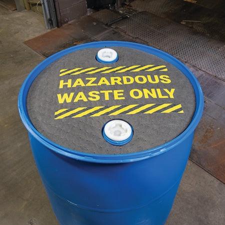 Absorbent Barrel Top Safety Message Mat w Poly Backing Hazardous Waste Only, 25PK