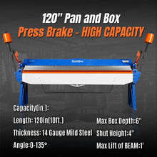 Load image into Gallery viewer, MechMaxx 120-inch Manual Sheet Metal Brake - 14 Gauge Bending Capacity, Adjustable Fingers, Heavy-Duty Steel Construction, Precision Bending for Box and Pan PB12014