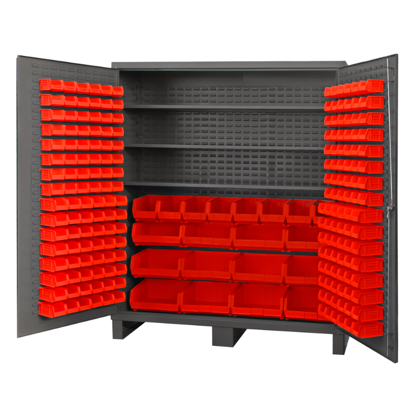 Durham SSC-722484-BDLP-2123S1795 Cabinet, 14 Gauge, 3 Shelves, 212 Red Bins, 72 X 24 X 84