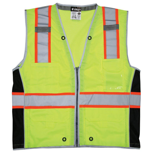 MCR River City SURVCL2L Type R Class 2 Heavy Duty Mesh Surveyor Safety Vest - Yellow/Lime - 1/EA