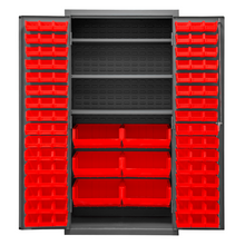 Load image into Gallery viewer, Durham 2501-BDLP-102-3S-1795 Cabinet, 16 Gauge, 102 Red Bins, 3 Shelves, 36 X 24 X 72