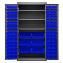 Load image into Gallery viewer, Durham 2501-BDLP-102-3S-5295 Cabinet, 16 Gauge, 102 Blue Bins, 3 Shelves, 36 X 24 X 72