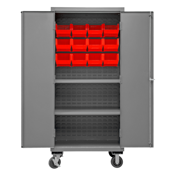 Durham 2501M-BLP-12-2S-1795 Mobile Cabinet, 16 Gauge, 2 Shelves, 12 Red Bins, 36 X 24 X 81