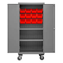 Load image into Gallery viewer, Durham 2501M-BLP-12-2S-1795 Mobile Cabinet, 16 Gauge, 2 Shelves, 12 Red Bins, 36 X 24 X 81