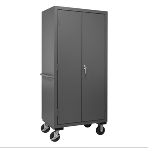 Durham 2501M-BLP-12-2S-1795 Mobile Cabinet, 16 Gauge, 2 Shelves, 12 Red Bins, 36 X 24 X 81