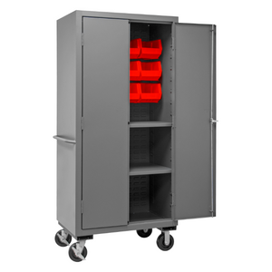 Durham 2501M-BLP-12-2S-1795 Mobile Cabinet, 16 Gauge, 2 Shelves, 12 Red Bins, 36 X 24 X 81