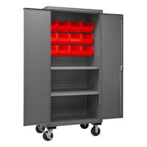 Durham 2501M-BLP-12-2S-1795 Mobile Cabinet, 16 Gauge, 2 Shelves, 12 Red Bins, 36 X 24 X 81