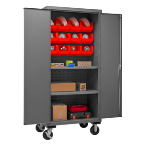 Durham 2501M-BLP-12-2S-1795 Mobile Cabinet, 16 Gauge, 2 Shelves, 12 Red Bins, 36 X 24 X 81