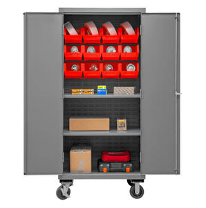 Durham 2501M-BLP-12-2S-1795 Mobile Cabinet, 16 Gauge, 2 Shelves, 12 Red Bins, 36 X 24 X 81