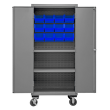 Load image into Gallery viewer, Durham 2501M-BLP-12-2S-5295 Mobile Cabinet, 16 Gauge, 2 Shelves, 12 Blue Bins, 36 X 24 X 81