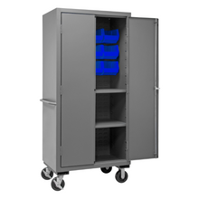 Load image into Gallery viewer, Durham 2501M-BLP-12-2S-5295 Mobile Cabinet, 16 Gauge, 2 Shelves, 12 Blue Bins, 36 X 24 X 81