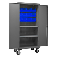 Load image into Gallery viewer, Durham 2501M-BLP-12-2S-5295 Mobile Cabinet, 16 Gauge, 2 Shelves, 12 Blue Bins, 36 X 24 X 81