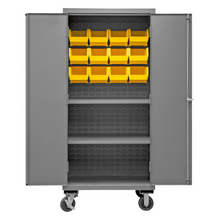 Load image into Gallery viewer, Durham 2501M-BLP-12-2S-95 Mobile Cabinet, 16 Gauge, 2 Shelves, 12 Yellow Bins, 36 X 24 X 81