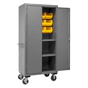 Durham 2501M-BLP-12-2S-95 Mobile Cabinet, 16 Gauge, 2 Shelves, 12 Yellow Bins, 36 X 24 X 81