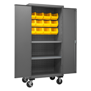 Durham 2501M-BLP-12-2S-95 Mobile Cabinet, 16 Gauge, 2 Shelves, 12 Yellow Bins, 36 X 24 X 81