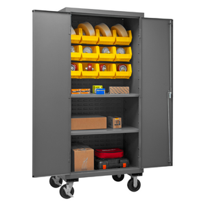 Durham 2501M-BLP-12-2S-95 Mobile Cabinet, 16 Gauge, 2 Shelves, 12 Yellow Bins, 36 X 24 X 81