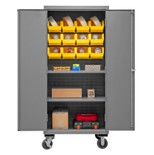 Load image into Gallery viewer, Durham 2501M-BLP-12-2S-95 Mobile Cabinet, 16 Gauge, 2 Shelves, 12 Yellow Bins, 36 X 24 X 81