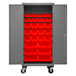 Durham 2501M-BLP-30-1795 Mobile Cabinet, 16 Gauge, 30 Red Bins, 36 X 24 X 81