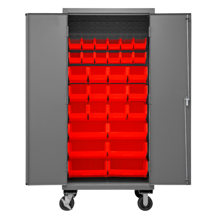 Durham 2501M-BLP-30-1795 Mobile Cabinet, 16 Gauge, 30 Red Bins, 36 X 24 X 81