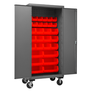 Durham 2501M-BLP-30-1795 Mobile Cabinet, 16 Gauge, 30 Red Bins, 36 X 24 X 81