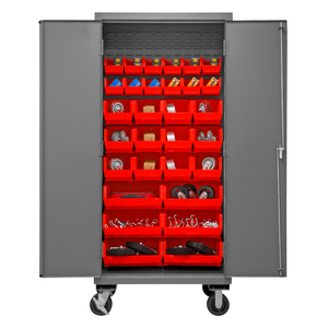 Durham 2501M-BLP-30-1795 Mobile Cabinet, 16 Gauge, 30 Red Bins, 36 X 24 X 81