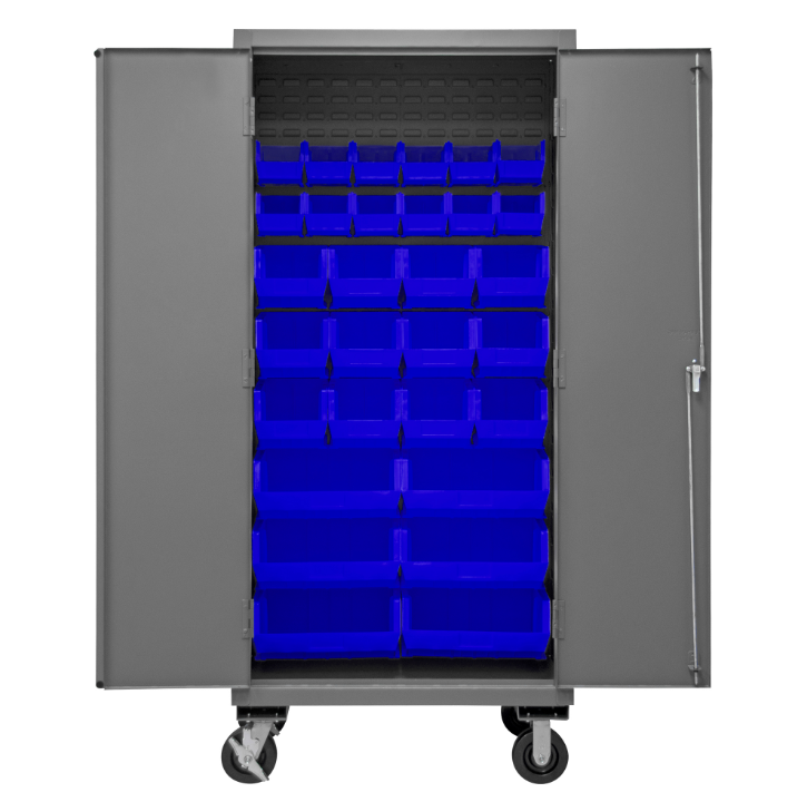 Durham 2501M-BLP-30-5295 Mobile Cabinet, 16 Gauge, 30 Blue Bins, 36 X 24 X 81