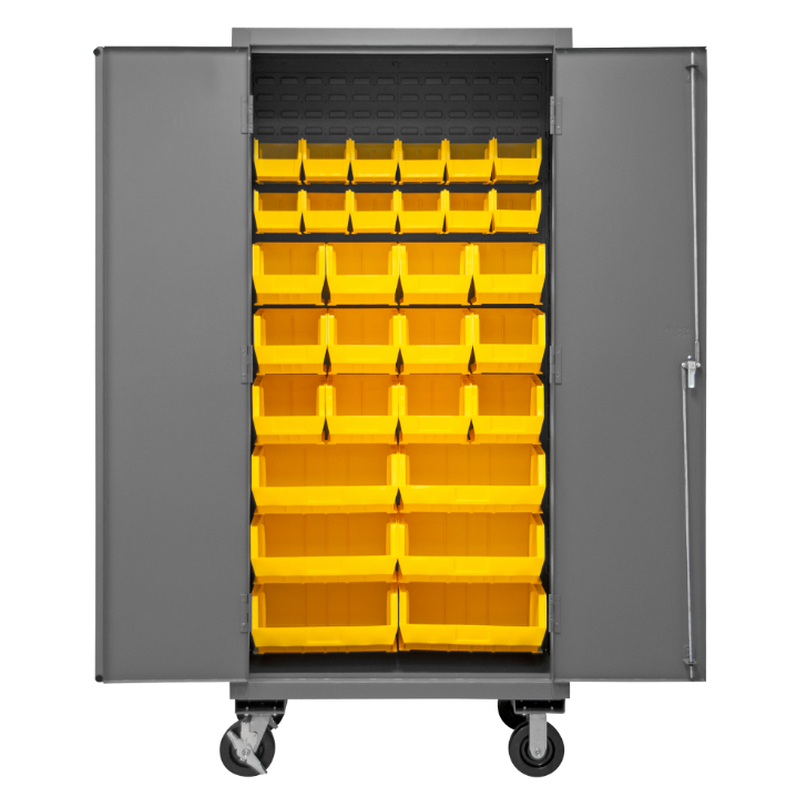 Durham 2501M-BLP-30-95 Mobile Cabinet, 16 Gauge, 30 Yellow Bins, 36 X 24 X 81