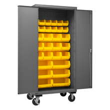 Load image into Gallery viewer, Durham 2501M-BLP-30-95 Mobile Cabinet, 16 Gauge, 30 Yellow Bins, 36 X 24 X 81