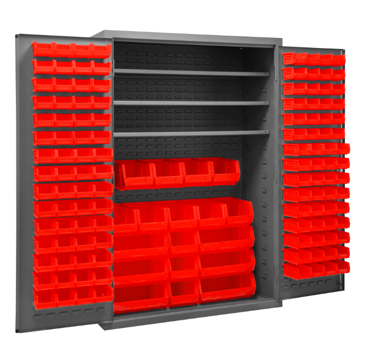 Durham 2502-138-3S-1795 Cabinet, 16 Gauge, 3 Shelves, 138 Red Bins, 48 X 24 X 72