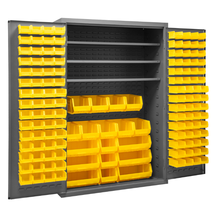 Durham 2502-138-3S-95 Cabinet, 16 Gauge, 3 Shelves, 138 Yellow Bins, 48 X 24 X 72