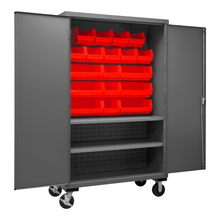 Load image into Gallery viewer, Durham 2502M-BLP-18-2S-1795 Mobile Cabinet, 16 Gauge, 2 Shelves, 18 Red Bins, 50-9/16 X 24 X 81