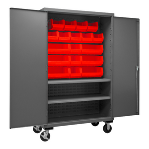 Durham 2502M-BLP-18-2S-1795 Mobile Cabinet, 16 Gauge, 2 Shelves, 18 Red Bins, 50-9/16 X 24 X 81