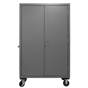 Durham 2502M-BLP-18-2S-1795 Mobile Cabinet, 16 Gauge, 2 Shelves, 18 Red Bins, 50-9/16 X 24 X 81