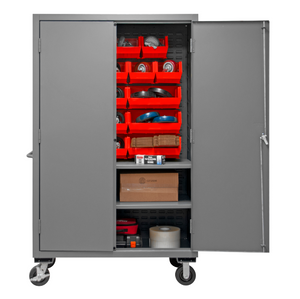 Durham 2502M-BLP-18-2S-1795 Mobile Cabinet, 16 Gauge, 2 Shelves, 18 Red Bins, 50-9/16 X 24 X 81