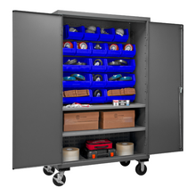 Load image into Gallery viewer, Durham 2502M-BLP-18-2S-5295 Mobile Cabinet, 16 Gauge, 2 Shelves, 18 Blue Bins, 50-9/16 X 24 X 81