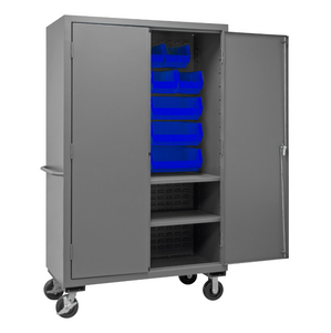 Durham 2502M-BLP-18-2S-5295 Mobile Cabinet, 16 Gauge, 2 Shelves, 18 Blue Bins, 50-9/16 X 24 X 81