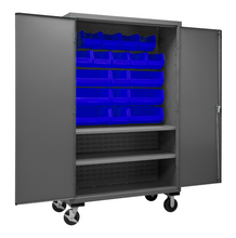 Load image into Gallery viewer, Durham 2502M-BLP-18-2S-5295 Mobile Cabinet, 16 Gauge, 2 Shelves, 18 Blue Bins, 50-9/16 X 24 X 81