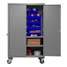 Load image into Gallery viewer, Durham 2502M-BLP-18-2S-5295 Mobile Cabinet, 16 Gauge, 2 Shelves, 18 Blue Bins, 50-9/16 X 24 X 81