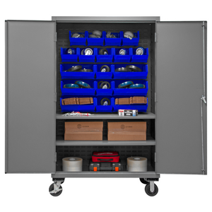 Durham 2502M-BLP-18-2S-5295 Mobile Cabinet, 16 Gauge, 2 Shelves, 18 Blue Bins, 50-9/16 X 24 X 81