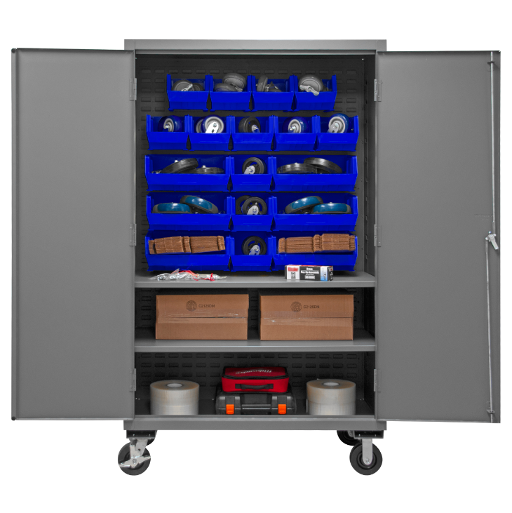 Durham 2502M-BLP-18-2S-5295 Mobile Cabinet, 16 Gauge, 2 Shelves, 18 Blue Bins, 50-9/16 X 24 X 81