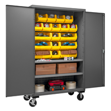 Load image into Gallery viewer, Durham 2502M-BLP-18-2S-95 Mobile Cabinet, 16 Gauge, 2 Shelves, 18 Yellow Bins, 50-9/16 X 24 X 81