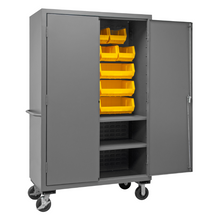 Load image into Gallery viewer, Durham 2502M-BLP-18-2S-95 Mobile Cabinet, 16 Gauge, 2 Shelves, 18 Yellow Bins, 50-9/16 X 24 X 81