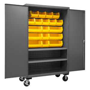 Durham 2502M-BLP-18-2S-95 Mobile Cabinet, 16 Gauge, 2 Shelves, 18 Yellow Bins, 50-9/16 X 24 X 81