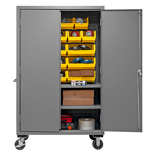 Load image into Gallery viewer, Durham 2502M-BLP-18-2S-95 Mobile Cabinet, 16 Gauge, 2 Shelves, 18 Yellow Bins, 50-9/16 X 24 X 81